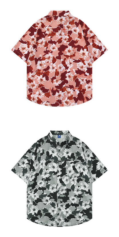 Flower Chiffon Printed Short-Sleeved Shirt For Unisex Lapel Loose Casual Shirt