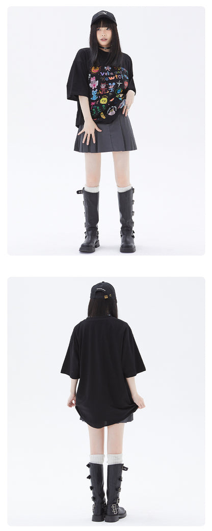 Fun Oil Painting Style Cartoon Printed Short Sleeve T-Shirt Simple Casual Loose Top Summer