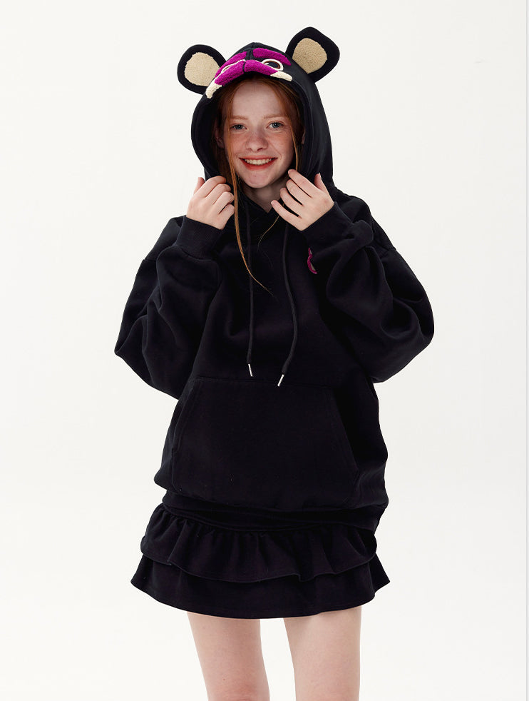 Plum Red Cartoon Bear Pattern Plus Fleece Loose Pullover Hoodie Lovers Autumn And Winter Top Tide