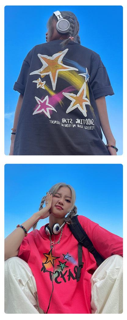 Fashion Men'S Trend Stars Hand-Painted Short-Sleeved Summer Crew Neck Oversize Couple Print T-Shirt