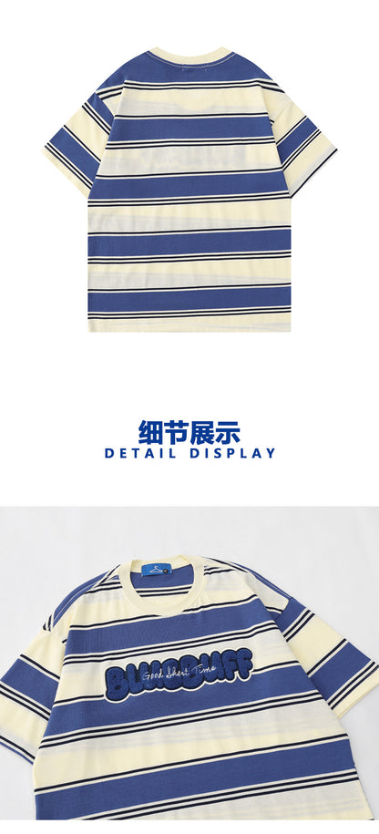 Clothes Striped Short Sleeve Men'S Summer Fashion Cotton T-Shirt Loose Casual Color Contrast For Unisex