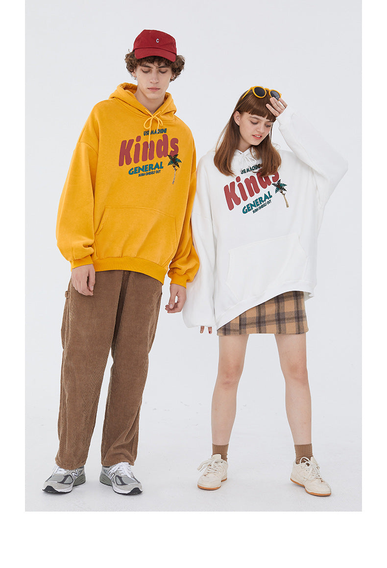 Autumn And Winter Plus Fleece Hooded Couple Hoodie Loose Korean Bf Print Lazy Port Style Casual Coat