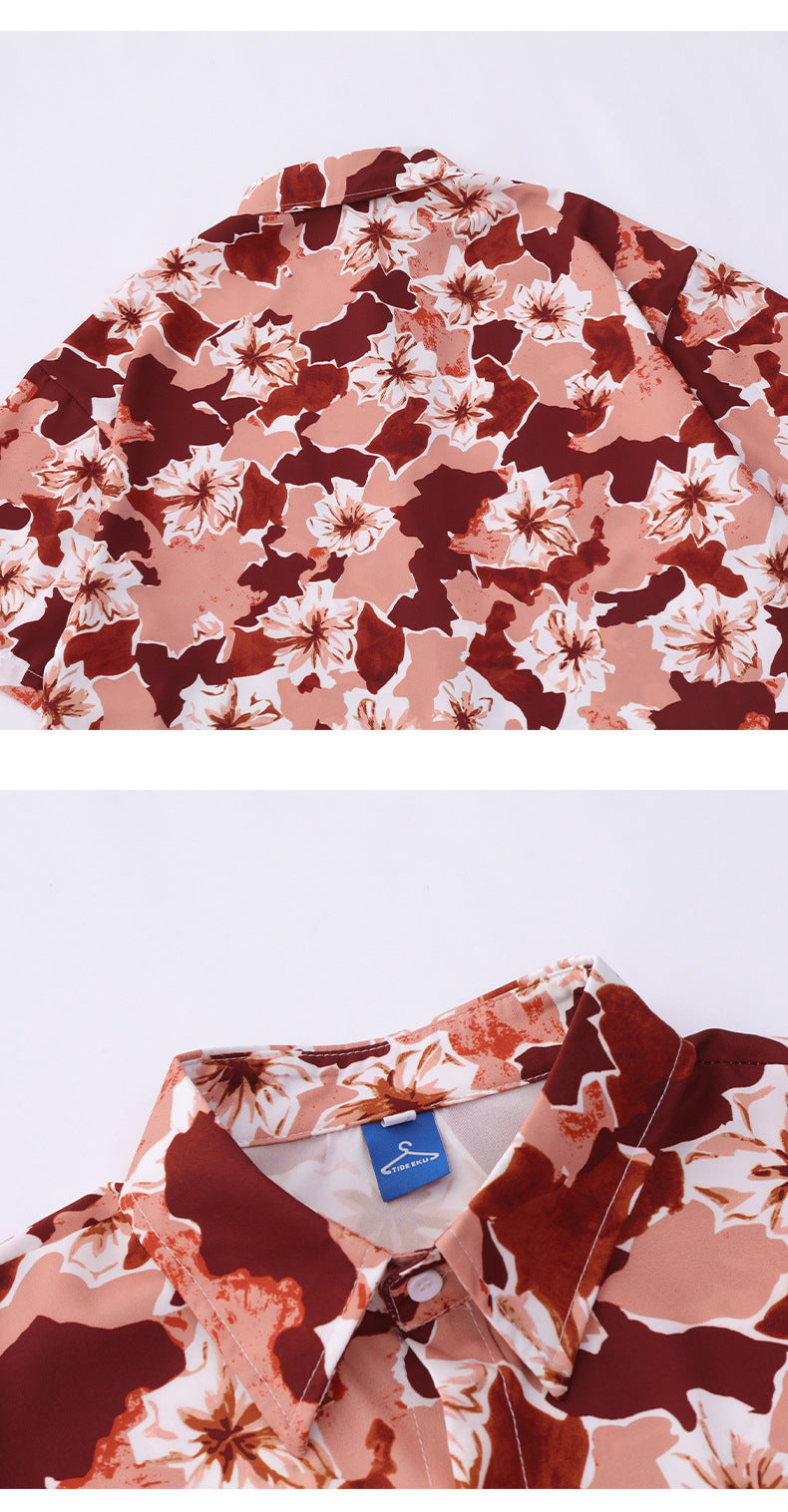 Flower Chiffon Printed Short-Sleeved Shirt For Unisex Lapel Loose Casual Shirt