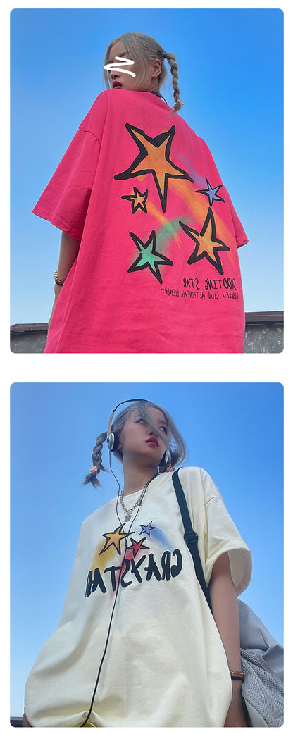 Fashion Men'S Trend Stars Hand-Painted Short-Sleeved Summer Crew Neck Oversize Couple Print T-Shirt
