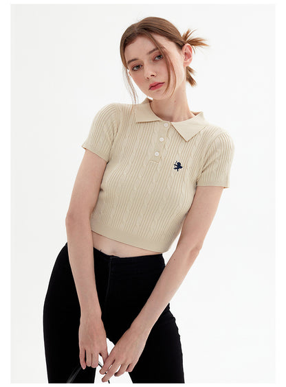 Vintage Spice Twist Knit Short Sleeve T-Shirt Summer Polo Neck Short Bodice Woman