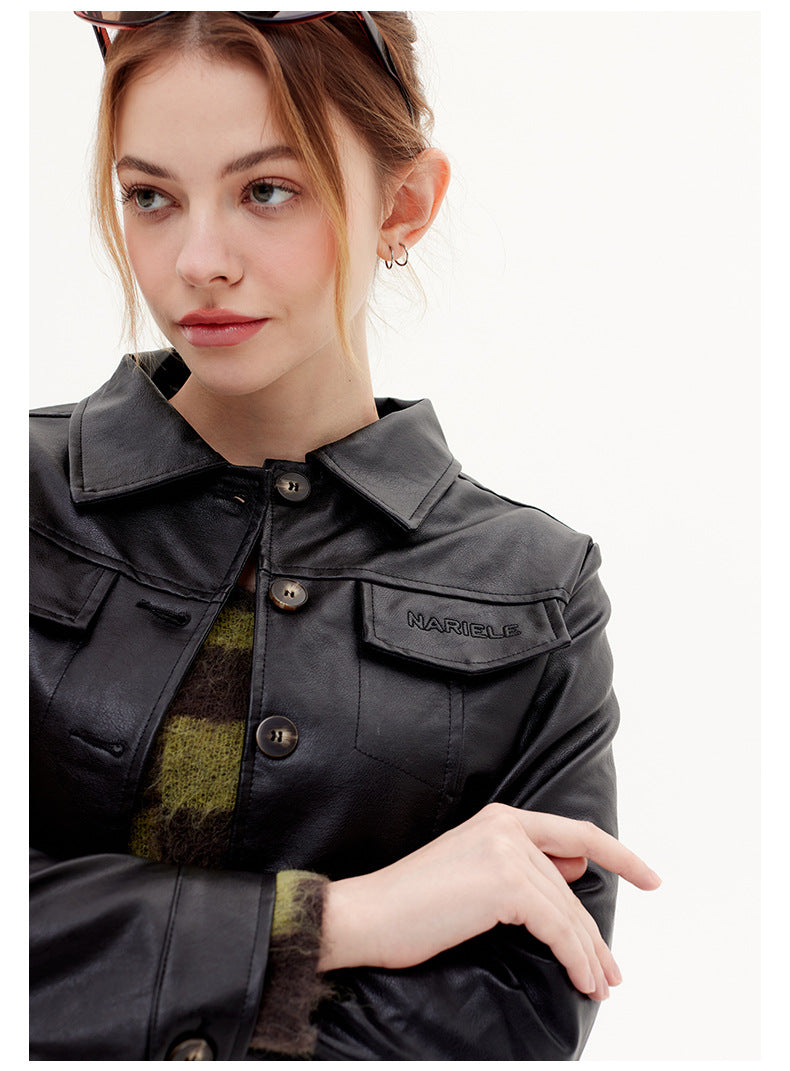 Autumn New Pu Leather Trendy Cool Jacket Jacket Short Lapel Street Top For Ladies