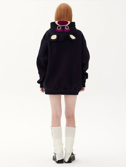 Plum Red Cartoon Bear Pattern Plus Fleece Loose Pullover Hoodie Lovers Autumn And Winter Top Tide