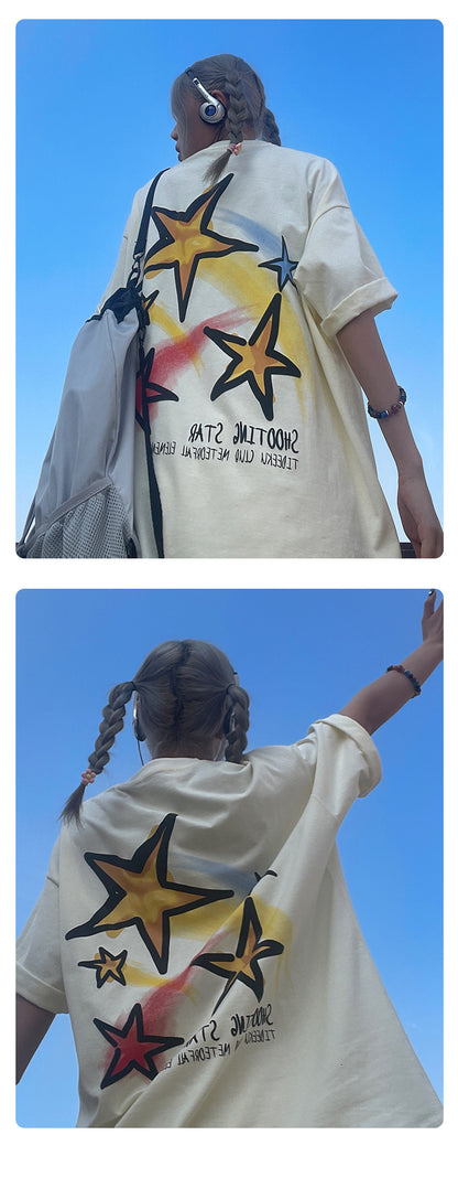 Fashion Men'S Trend Stars Hand-Painted Short-Sleeved Summer Crew Neck Oversize Couple Print T-Shirt