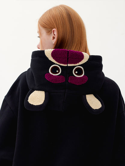 Plum Red Cartoon Bear Pattern Plus Fleece Loose Pullover Hoodie Lovers Autumn And Winter Top Tide