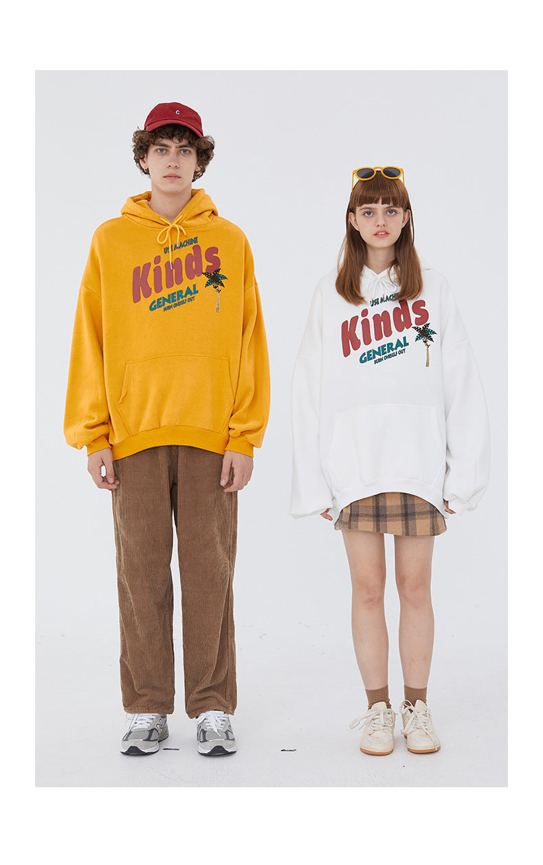 Autumn And Winter Plus Fleece Hooded Couple Hoodie Loose Korean Bf Print Lazy Port Style Casual Coat