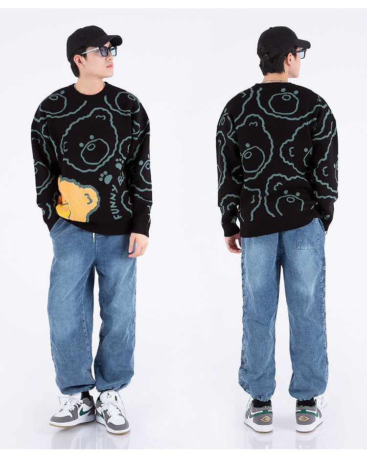 Jacquard Knit Bear Sweater Autumn And Winter New Oversized Sweater