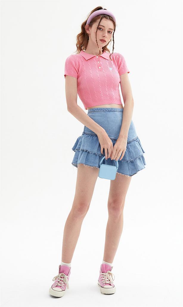 Vintage Spice Twist Knit Short Sleeve T-Shirt Summer Polo Neck Short Bodice Woman