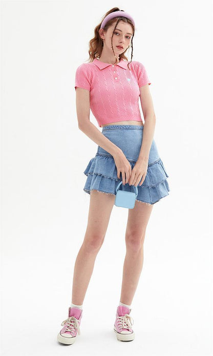 Vintage Spice Twist Knit Short Sleeve T-Shirt Summer Polo Neck Short Bodice Woman