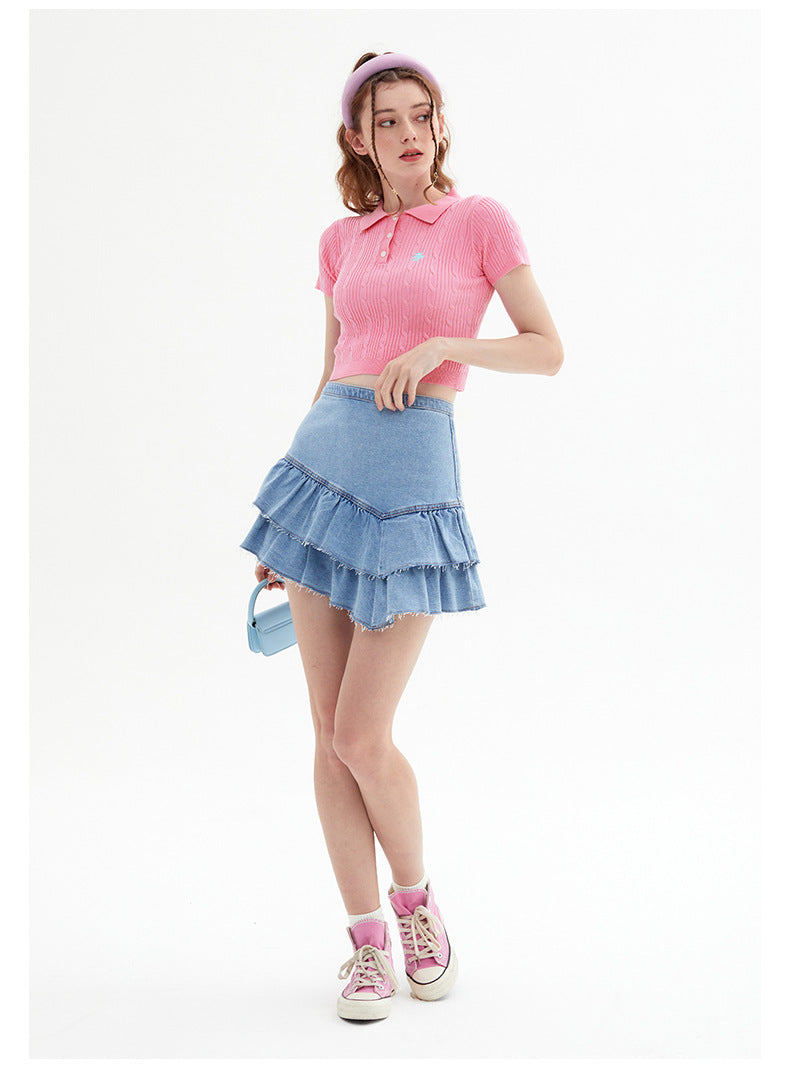 Vintage Spice Twist Knit Short Sleeve T-Shirt Summer Polo Neck Short Bodice Woman