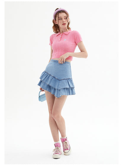 Vintage Spice Twist Knit Short Sleeve T-Shirt Summer Polo Neck Short Bodice Woman