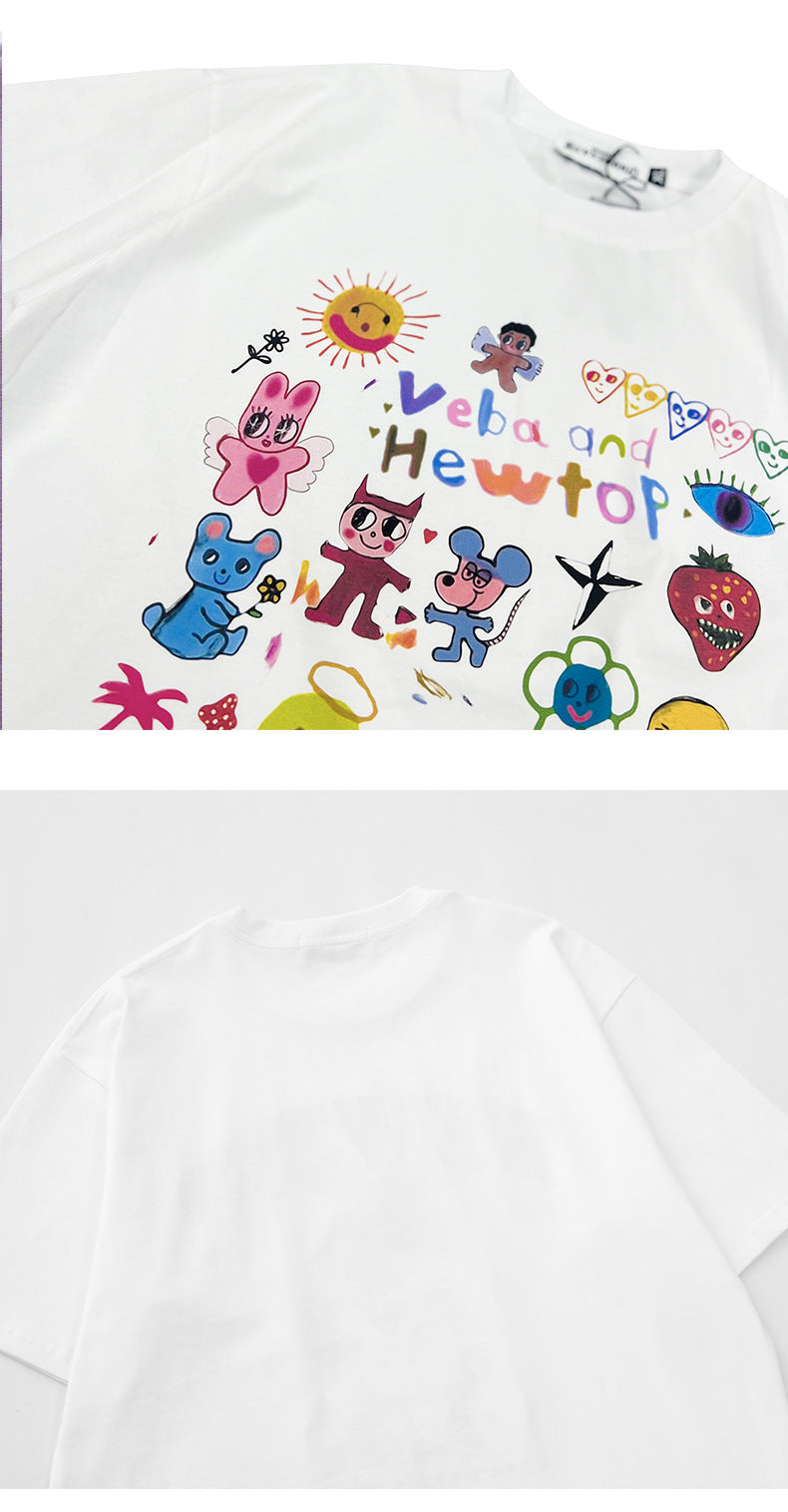 Fun Oil Painting Style Cartoon Printed Short Sleeve T-Shirt Simple Casual Loose Top Summer
