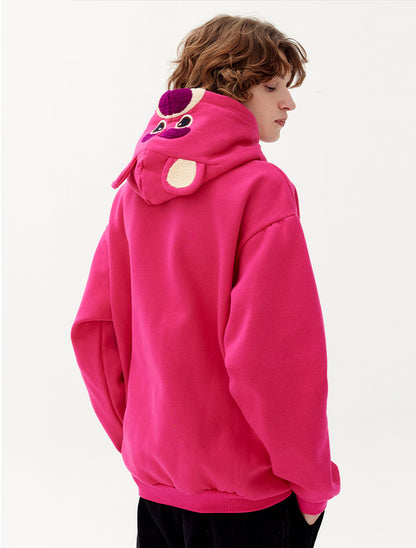 Plum Red Cartoon Bear Pattern Plus Fleece Loose Pullover Hoodie Lovers Autumn And Winter Top Tide