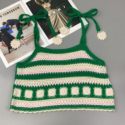 Crochet Knitted Shoulder Stripes Short Vest Top