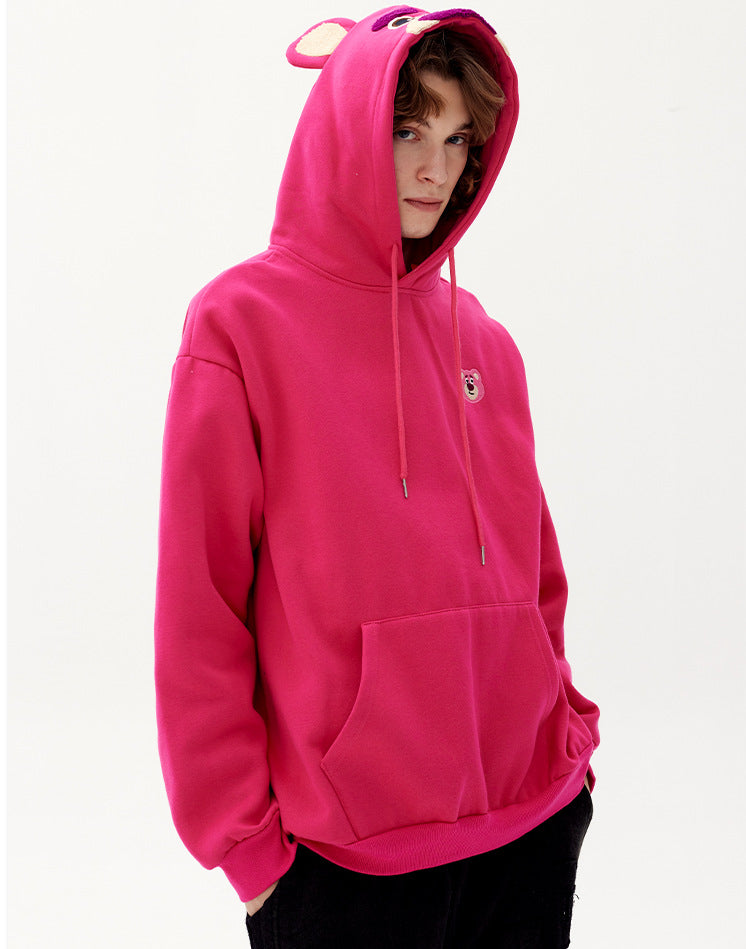 Plum Red Cartoon Bear Pattern Plus Fleece Loose Pullover Hoodie Lovers Autumn And Winter Top Tide