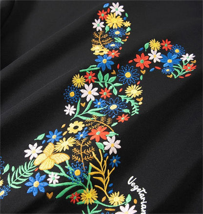 Autumn And Winter Flower Rabbit Embroidery Pure Cotton Round Neck Hoodie
