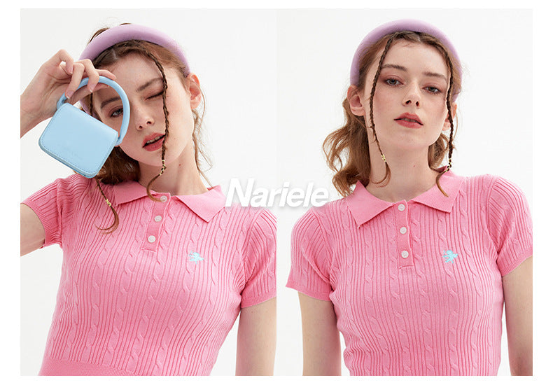 Vintage Spice Twist Knit Short Sleeve T-Shirt Summer Polo Neck Short Bodice Woman