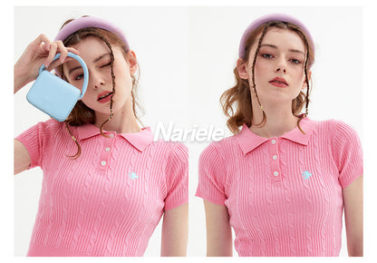 Vintage Spice Twist Knit Short Sleeve T-Shirt Summer Polo Neck Short Bodice Woman