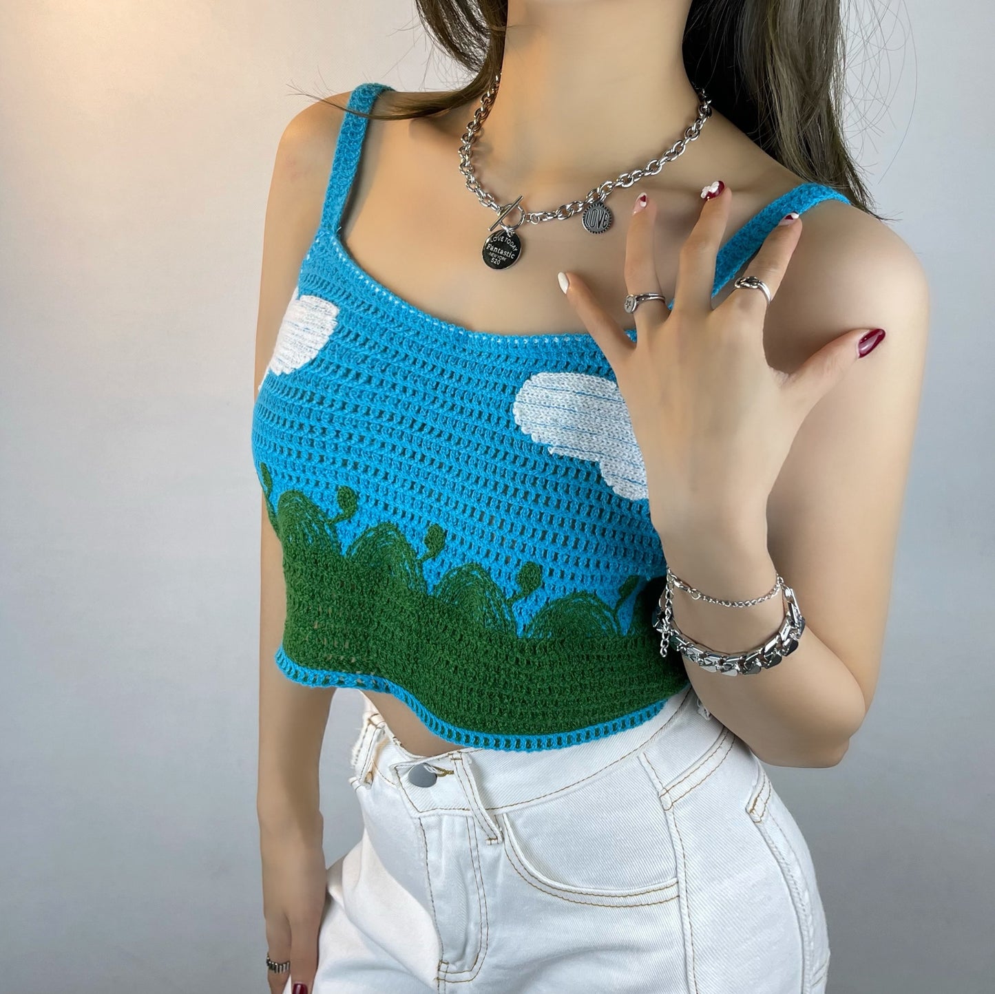 Sky Blue Cute Cloud Knitting Halter Vest Top