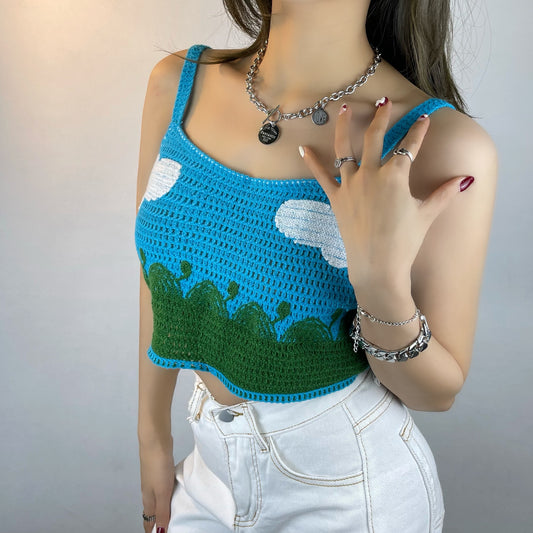 Sky Blue Cute Cloud Knitting Halter Vest Top