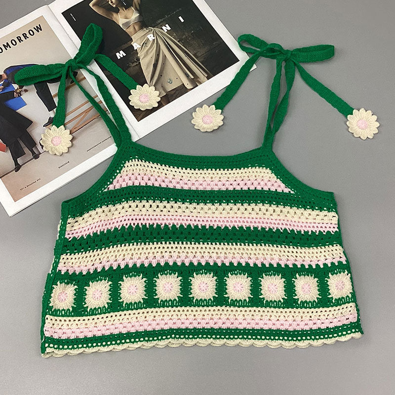 Crochet Knitted Shoulder Stripes Short Vest Top