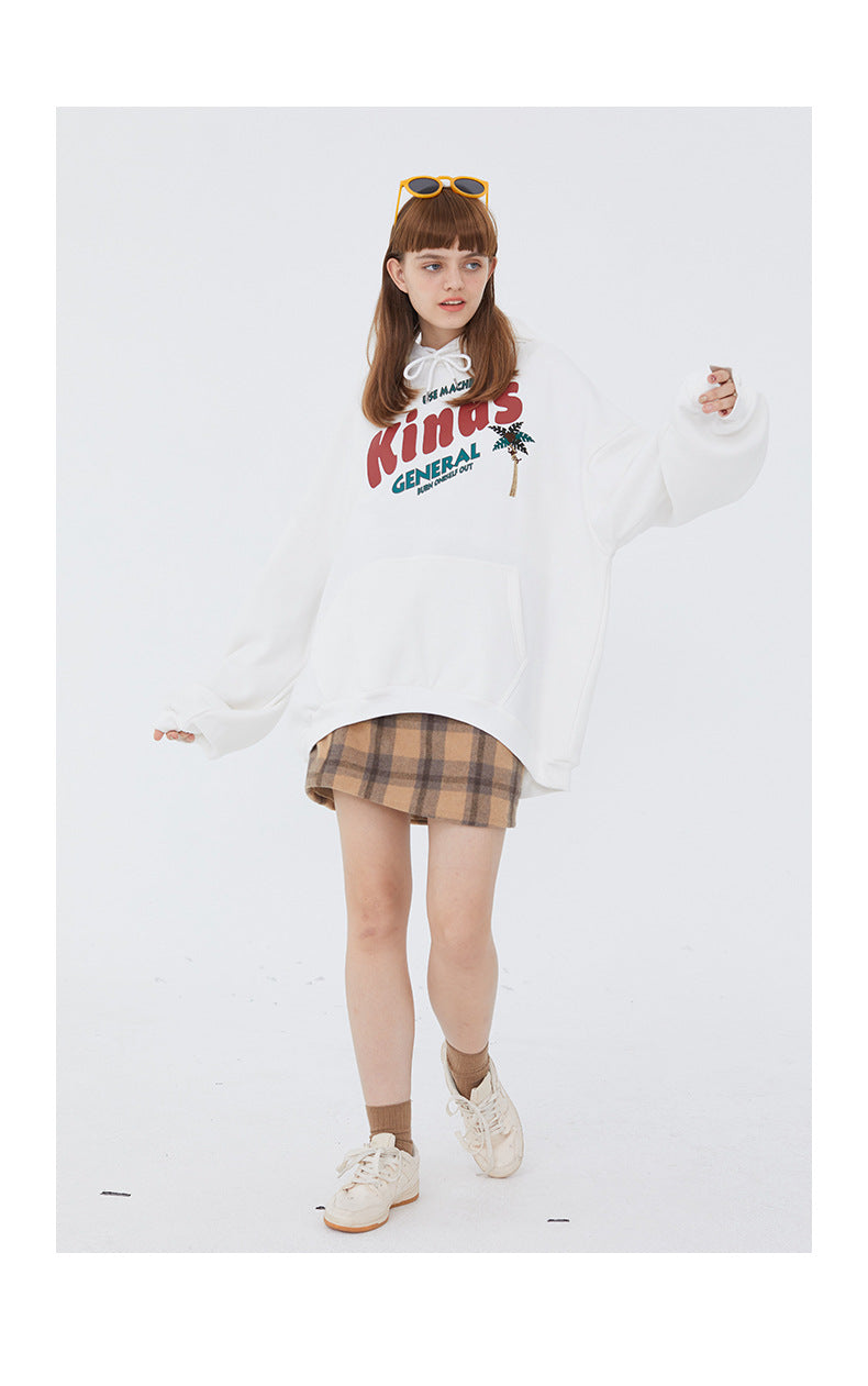 Autumn And Winter Plus Fleece Hooded Couple Hoodie Loose Korean Bf Print Lazy Port Style Casual Coat