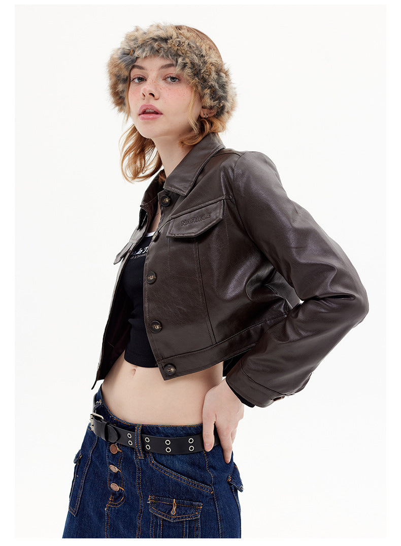 Autumn New Pu Leather Trendy Cool Jacket Jacket Short Lapel Street Top For Ladies