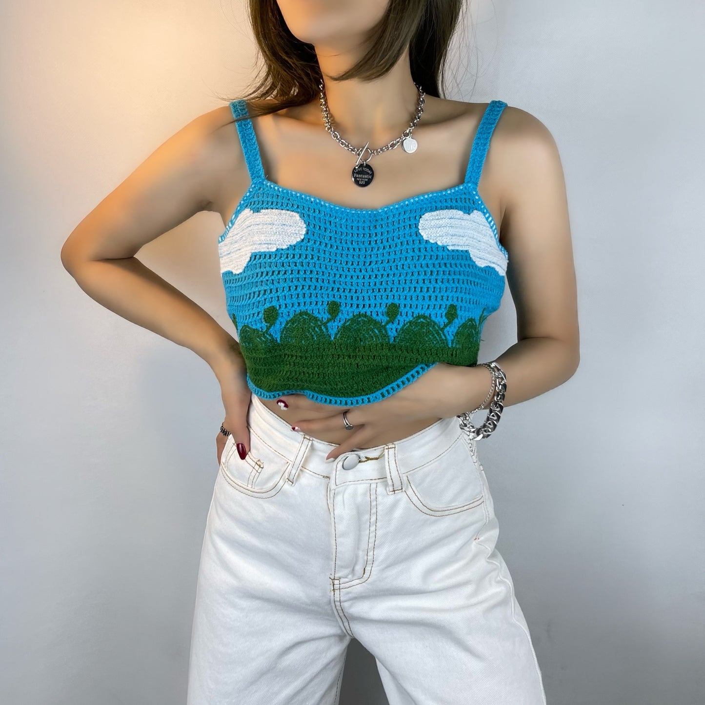 Sky Blue Cute Cloud Knitting Halter Vest Top