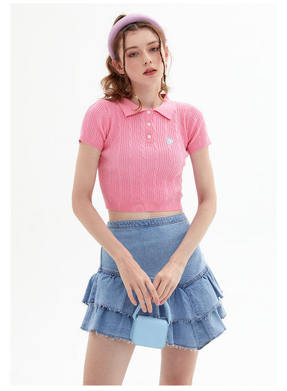 Vintage Spice Twist Knit Short Sleeve T-Shirt Summer Polo Neck Short Bodice Woman