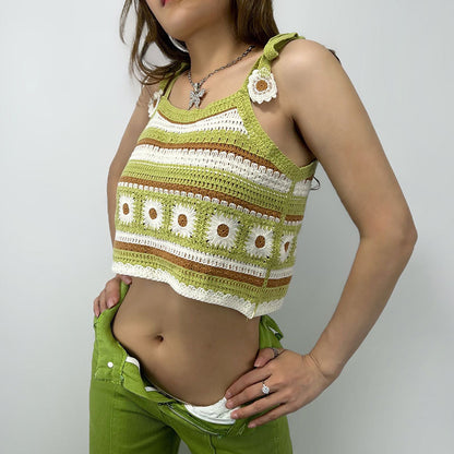 Crochet Knitted Shoulder Stripes Short Vest Top