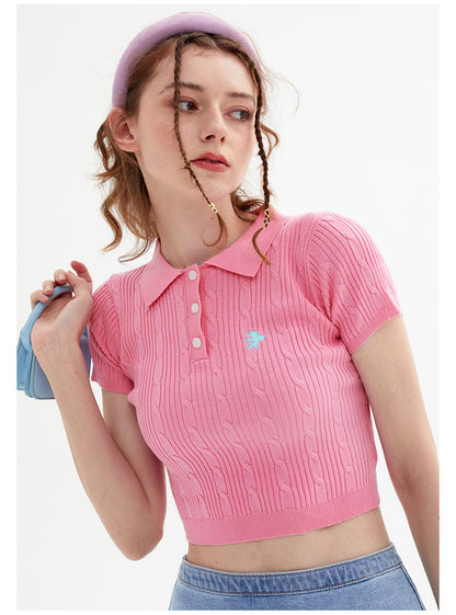 Vintage Spice Twist Knit Short Sleeve T-Shirt Summer Polo Neck Short Bodice Woman