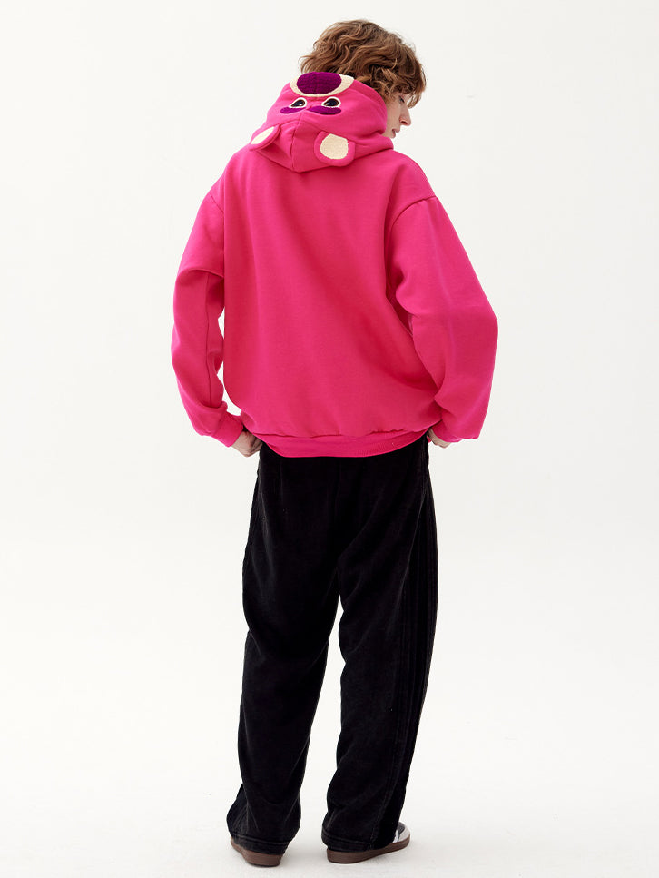 Plum Red Cartoon Bear Pattern Plus Fleece Loose Pullover Hoodie Lovers Autumn And Winter Top Tide