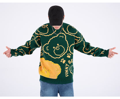 Jacquard Knit Bear Sweater Autumn And Winter New Oversized Sweater