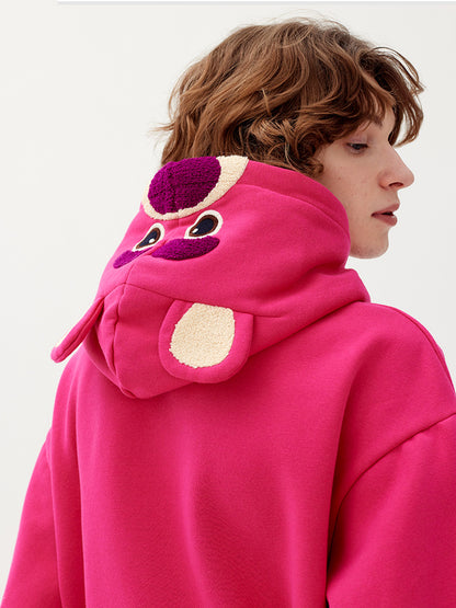 Plum Red Cartoon Bear Pattern Plus Fleece Loose Pullover Hoodie Lovers Autumn And Winter Top Tide