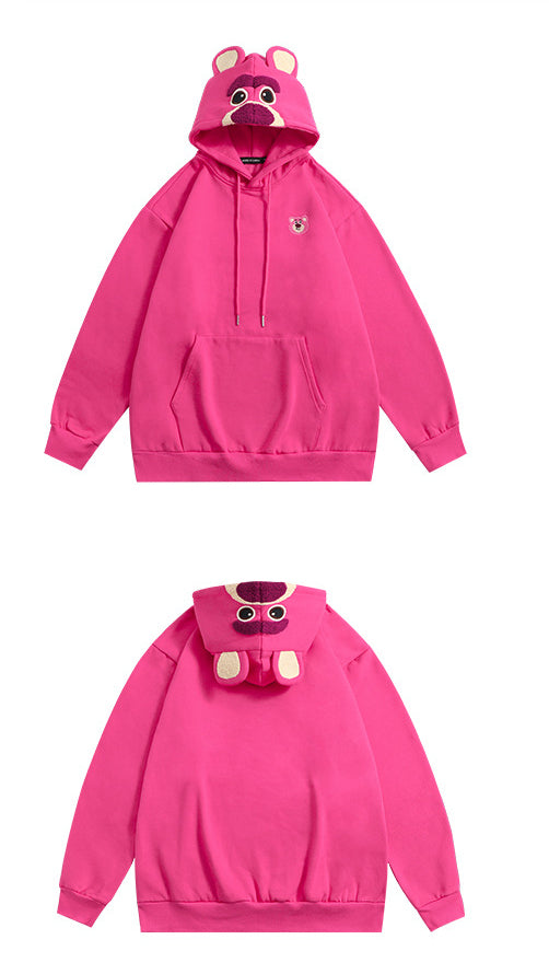 Plum Red Cartoon Bear Pattern Plus Fleece Loose Pullover Hoodie Lovers Autumn And Winter Top Tide