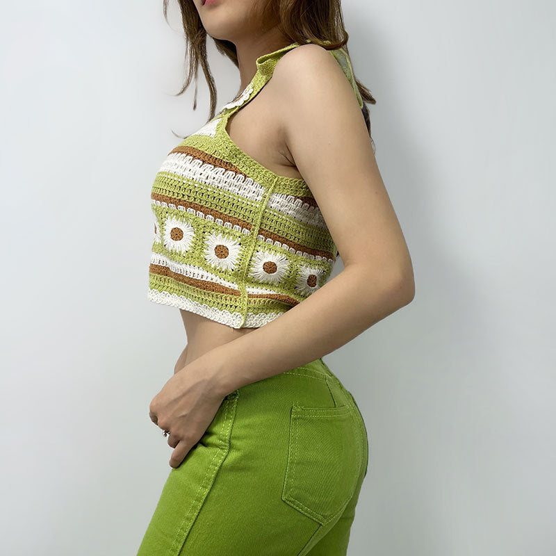 Crochet Knitted Shoulder Stripes Short Vest Top