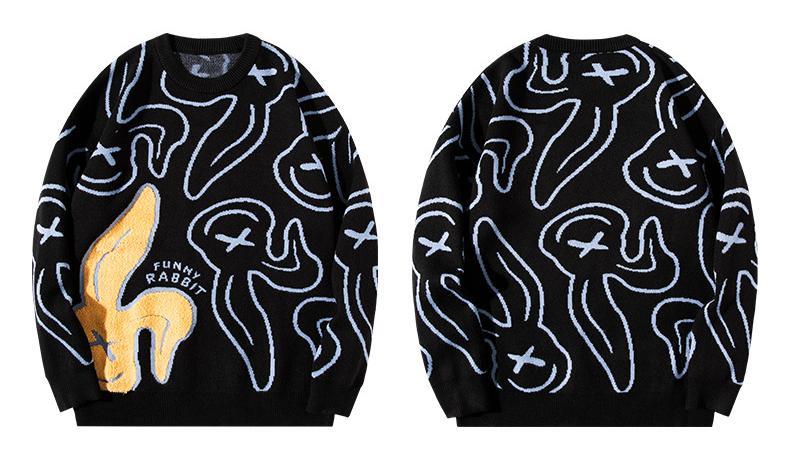 Cartoon Rabbit Embroidered Crewneck Sweater National Fashion Oversized Fit