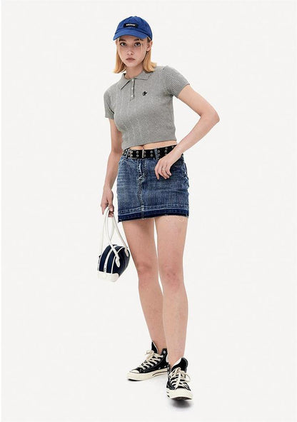 Vintage Spice Twist Knit Short Sleeve T-Shirt Summer Polo Neck Short Bodice Woman