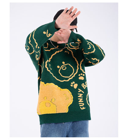 Jacquard Knit Bear Sweater Autumn And Winter New Oversized Sweater