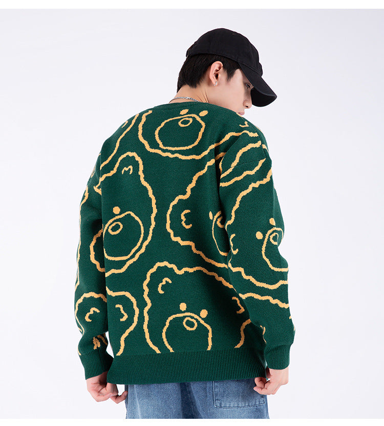 Jacquard Knit Bear Sweater Autumn And Winter New Oversized Sweater