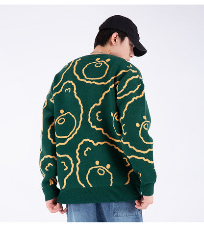 Jacquard Knit Bear Sweater Autumn And Winter New Oversized Sweater