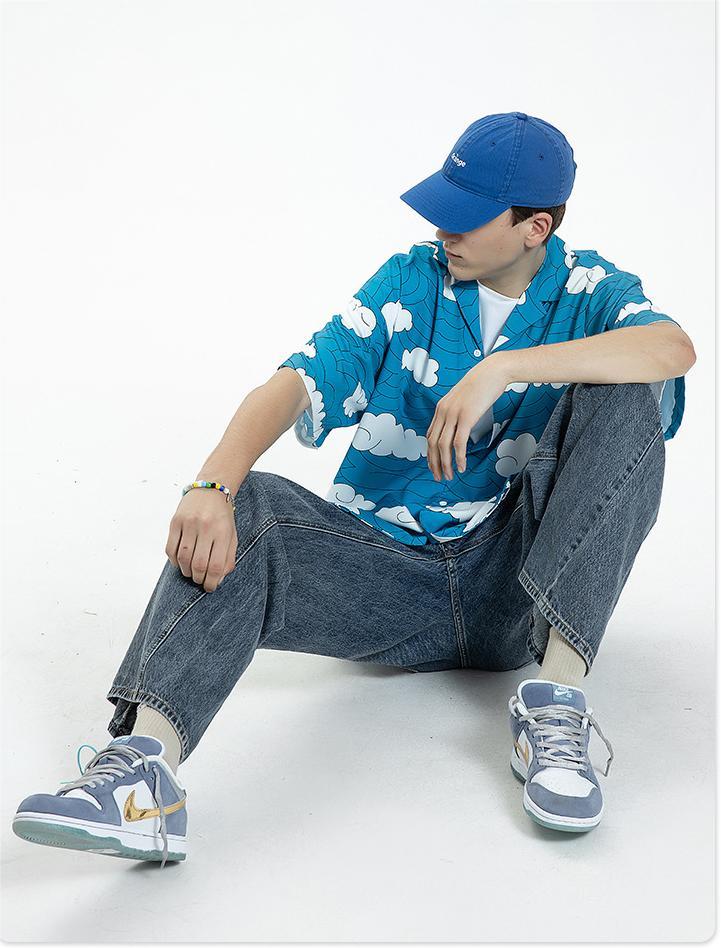 Floral Casual Printed Shirt Short Sleeved Summer Loose Blue Shirt