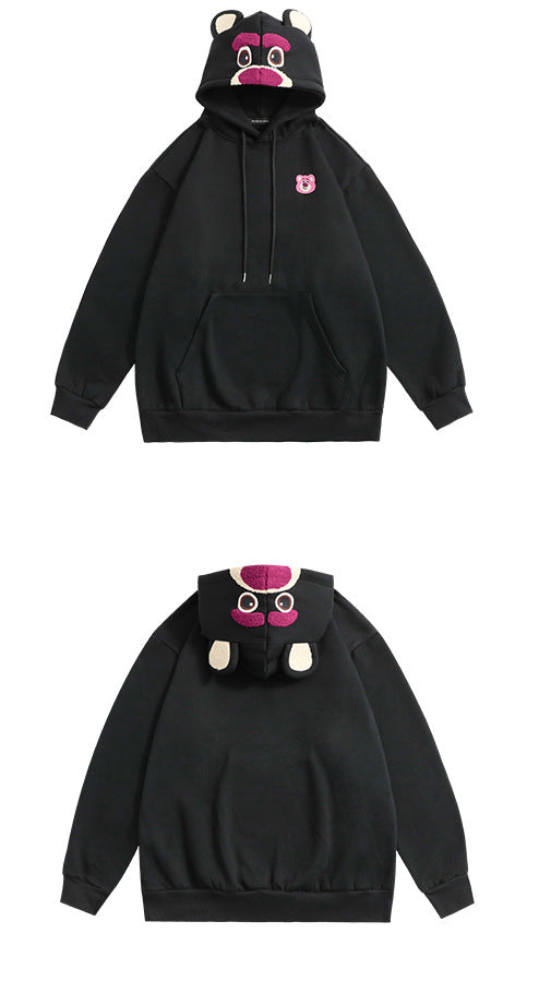 Plum Red Cartoon Bear Pattern Plus Fleece Loose Pullover Hoodie Lovers Autumn And Winter Top Tide