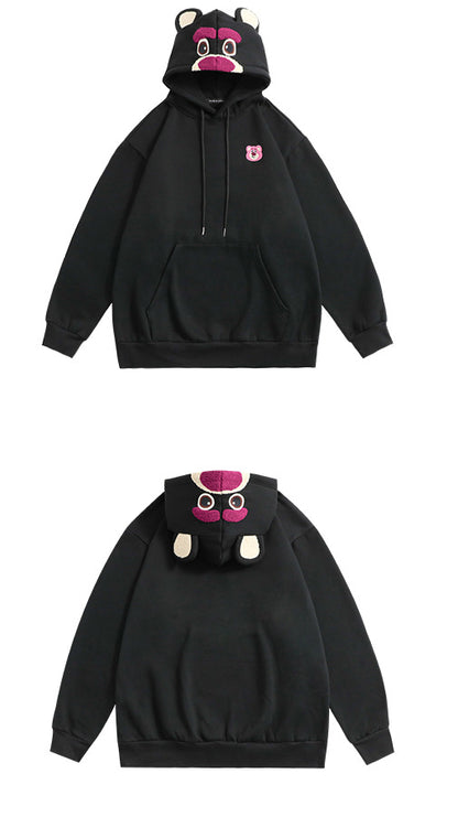 Plum Red Cartoon Bear Pattern Plus Fleece Loose Pullover Hoodie Lovers Autumn And Winter Top Tide