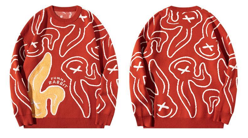 Cartoon Rabbit Embroidered Crewneck Sweater National Fashion Oversized Fit