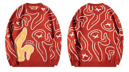 Cartoon Rabbit Embroidered Crewneck Sweater National Fashion Oversized Fit